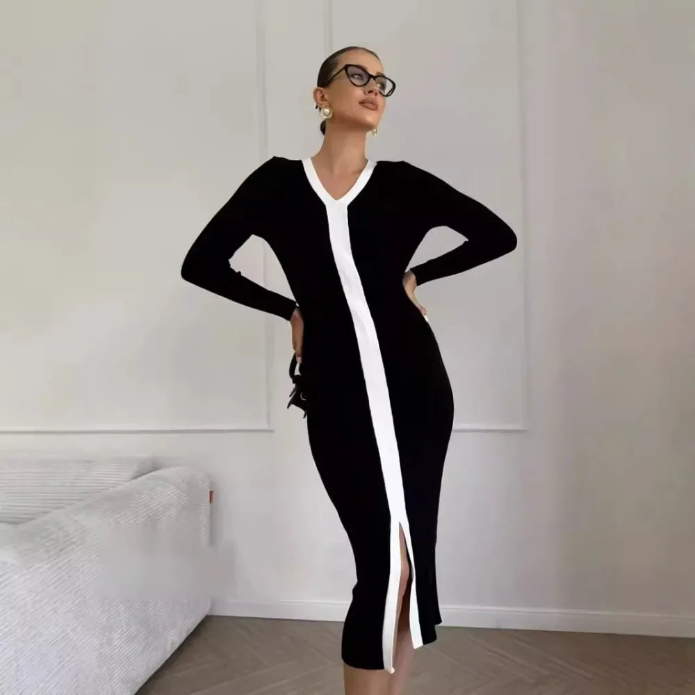 Bonnyshow Autumn Winter Sweater Dress for Women Fashion Patchwork Slim Midi Knitted Dresses Elegant Long Sleeve Basic Party Dress Mesh Sweater Canvas Denim