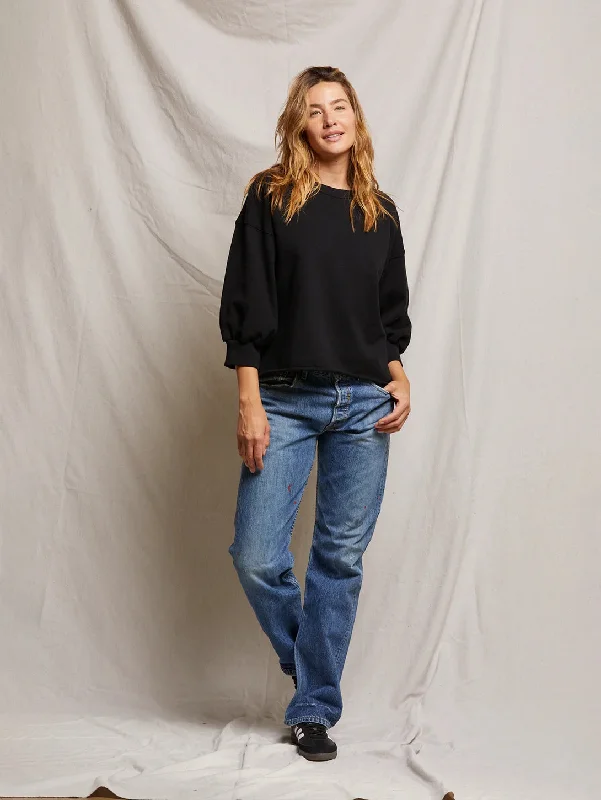 Niall Fleece Pullover Top - True Black Blouson Sleeve Pullover