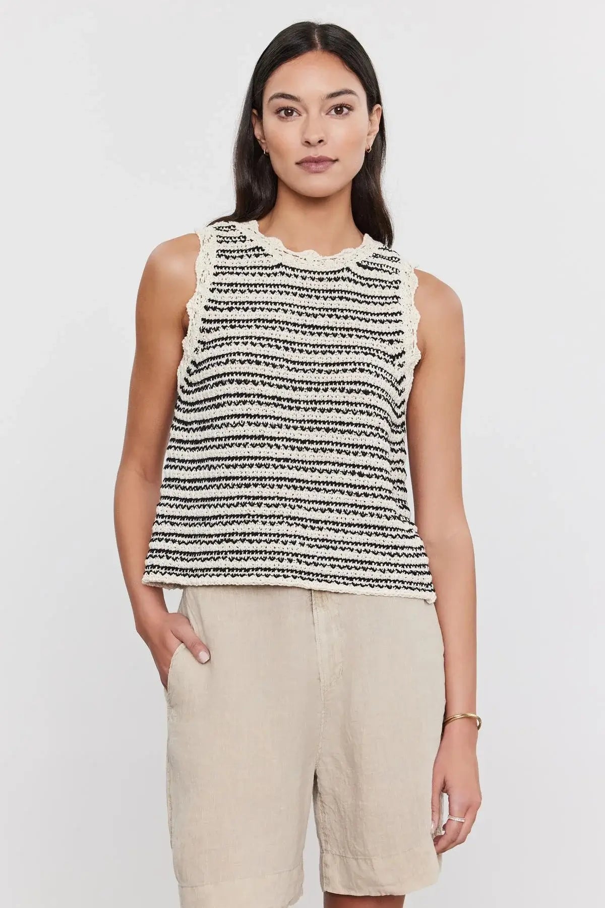 Velvet - Sophie sweater vest in Ecru / black High Neck Crew Neck V-Neck
