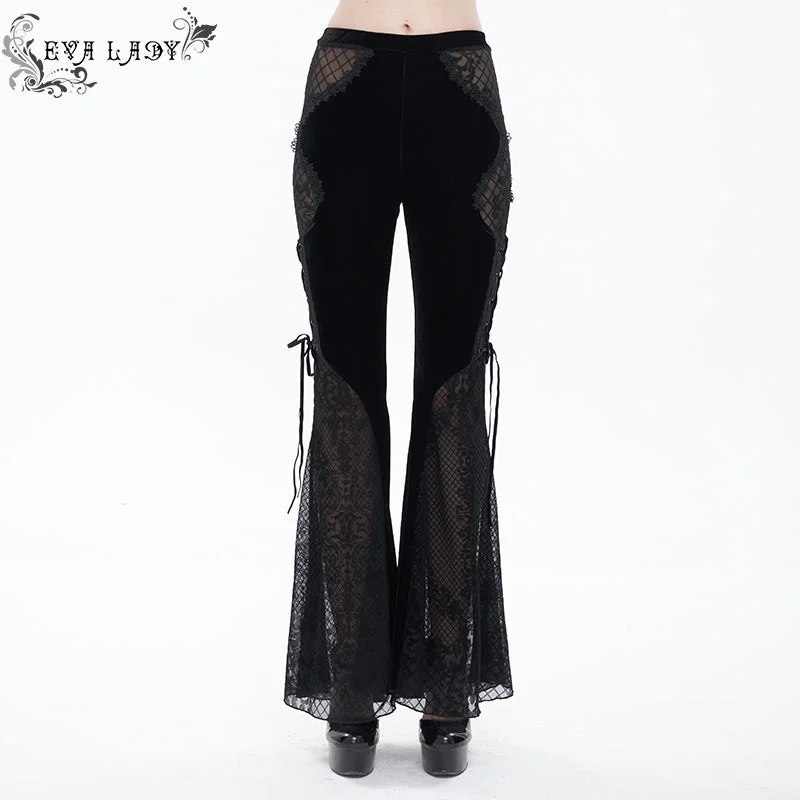 EPT009 stage see-through side laced up velvet flared black women gothic trousers Trousers Capri Summer