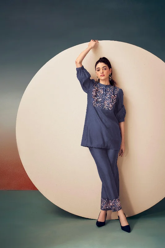 Dark Purple Embroidered Tunic with Trouser Trousers Polka Dot Cute