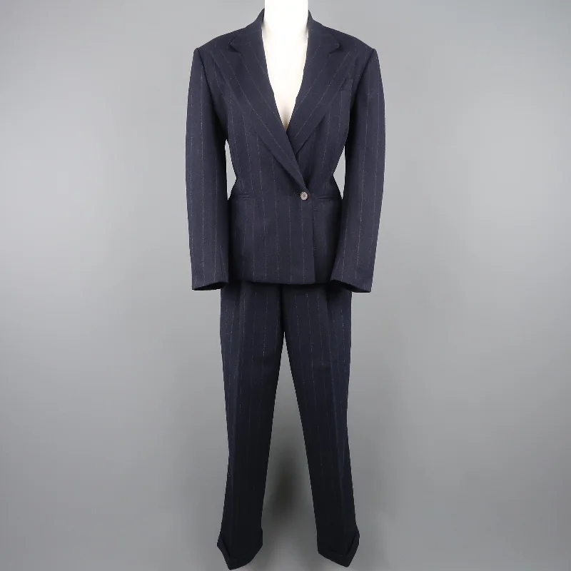 RALPH LAUREN Size 8 Navy Chalkstripe Wool Pleated Peak Lapel Jacket Pants Suit Fleece Jacket Down Jacket Feather Jacket