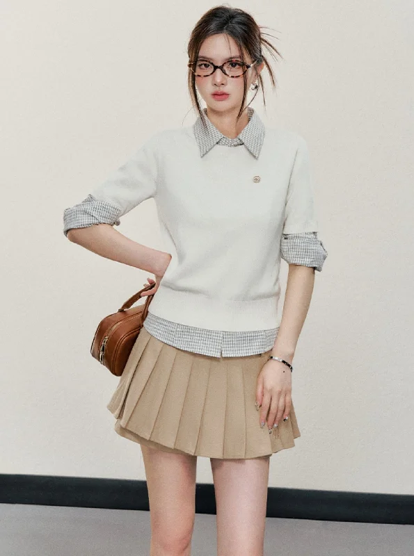 Essential Knit Short Sleeve Sweater - Classic Crew Neck Tee Turtle Neck Boat Neck Asymmetrical Neck