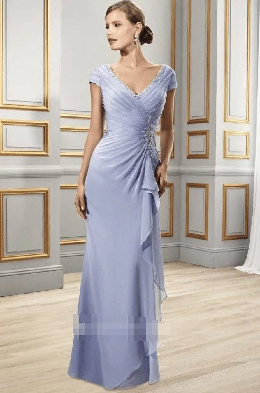 Draped Cap Sleeve V-Neck Chiffon Formal Dress With Appliques