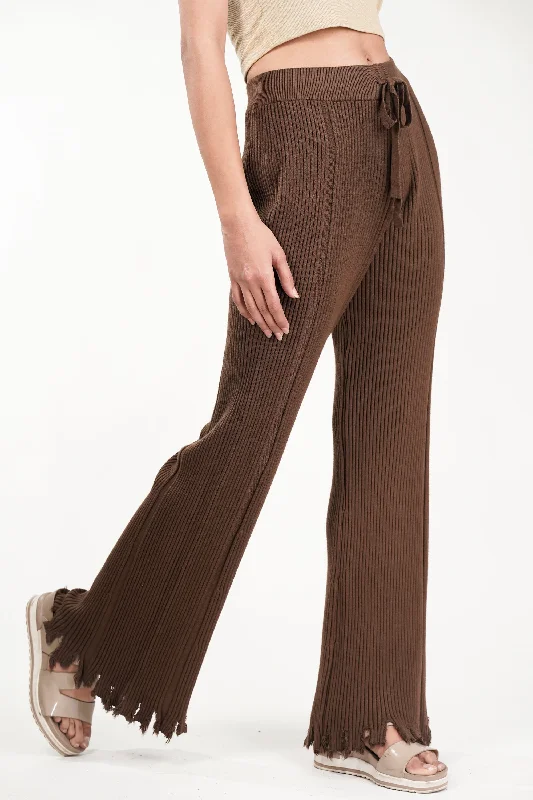 Brown Rib-Knit High Waist Trousers Trousers Designer Luxury