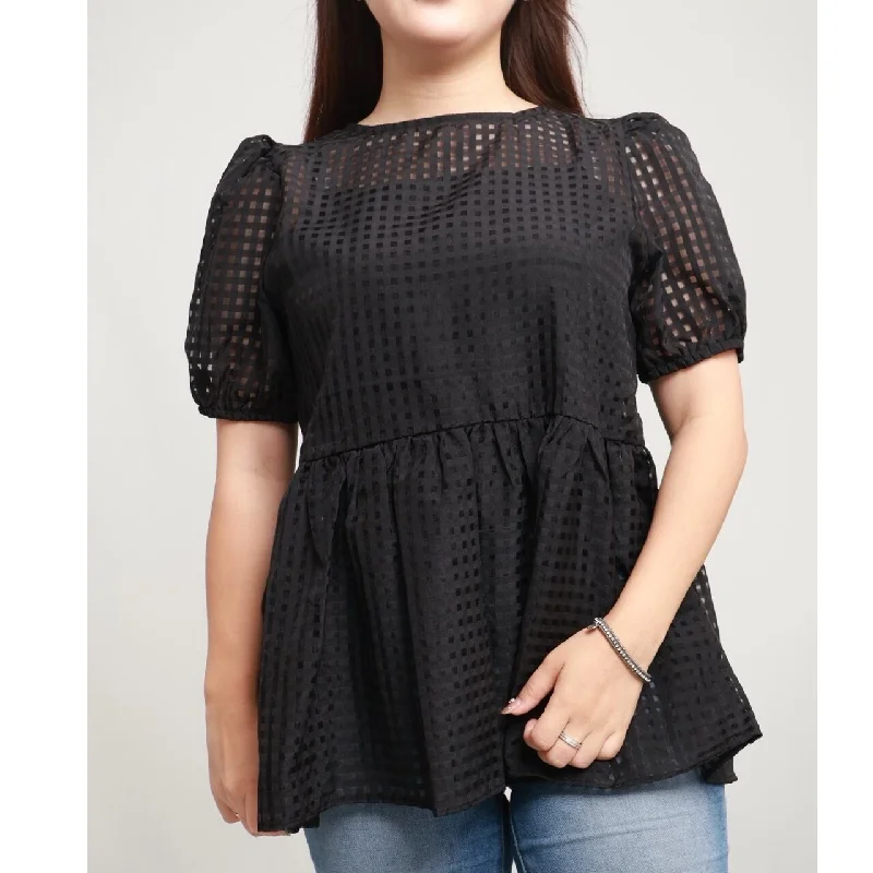 Puff Sleeve Sheer Pullover Bardot Neck Top