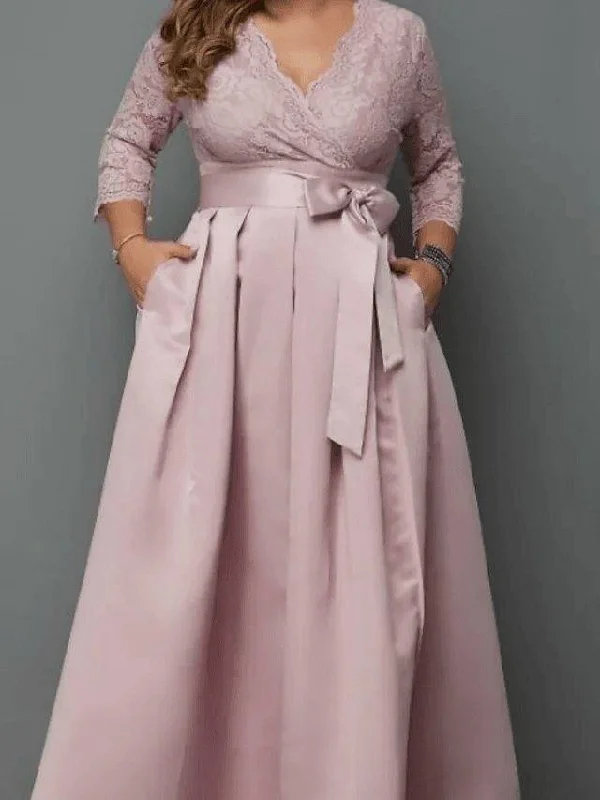 A-Line Mother of the Bride Dress See Through V Neck Floor Length Lace Stretch Satin 3/4 Length Sleeve with Sash / Ribbon Pattern / Print