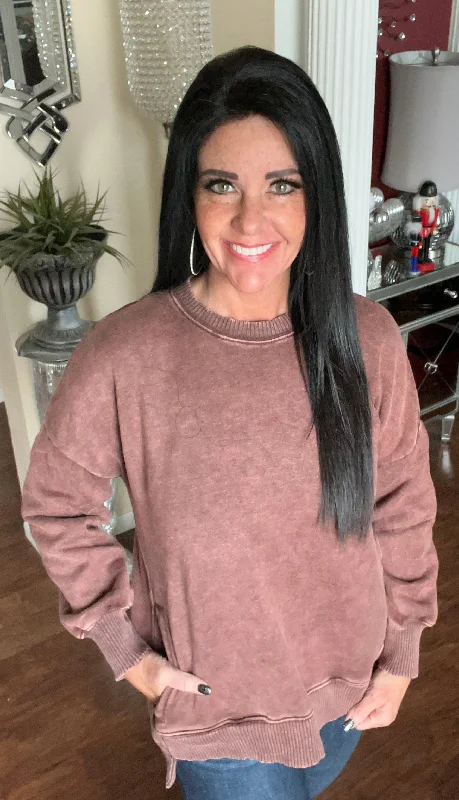 Mahogany Acid Washed Crewneck Pullover with Hi-Low Hem’ Boat Neck Sweater