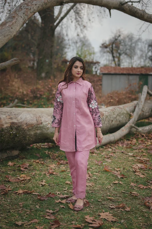 Pink Embroidered Tunic and Trouser Co-Ord Set Trousers Canvas Durable