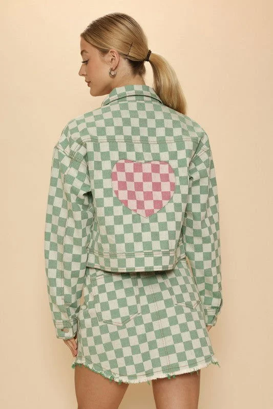 Cropped checkered heart denim jacket Anorak Shell Jacket Lightweight Jacket