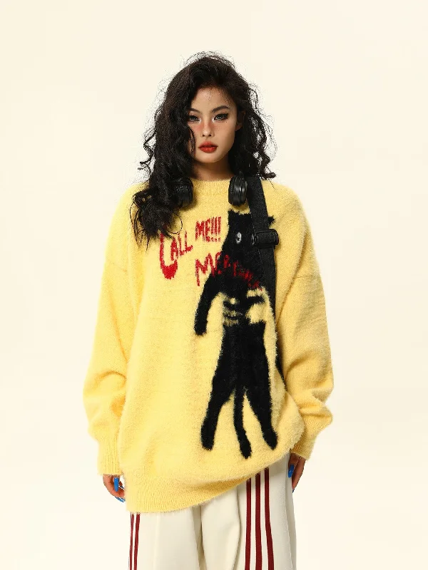 Graphic Print Fuzzy Knit Sweater Top Fitted Slim Tailored