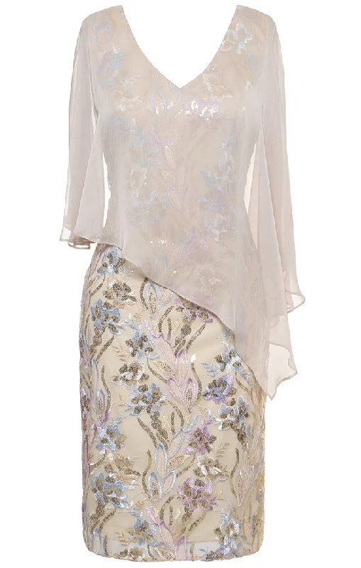 Embroidered Sheath Dress with Chiffon Overlay Bodice