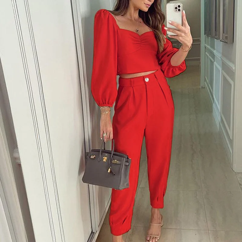 Fashion Matching Suit Temperament Pure Color Square Collar Long Sleeve Top High Waist Ankle-tied Trousers Two-piece Set Trousers Yoga Stretchy
