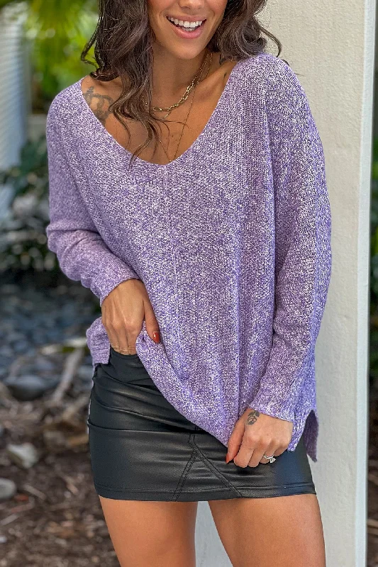 Lavender V-Neck Knit Sweater Terry Blend Velvet Blend Canvas Blend