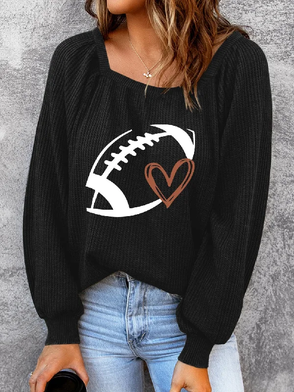 Cute Football and Heart Print Waffle Knit Pullover Oversized Cozy Pullover
