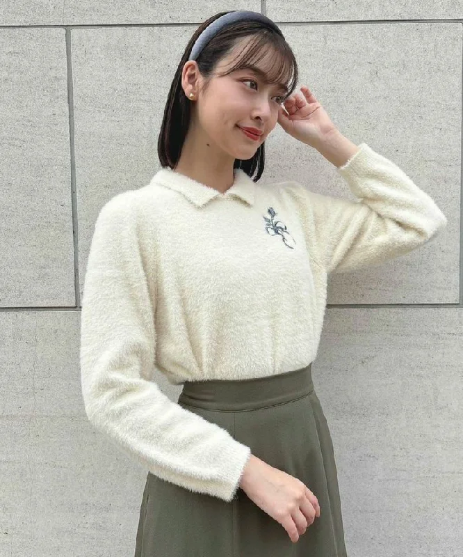 Ribbon Rose Embroidery Feather Knit Pullover / an another angelus [51BJ03j006]. Wrist Length Sleeve