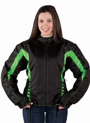Women's Black & Green Textile Racer Jacket With Sidelaces Zippered Front Buttoned Front Snap Front
