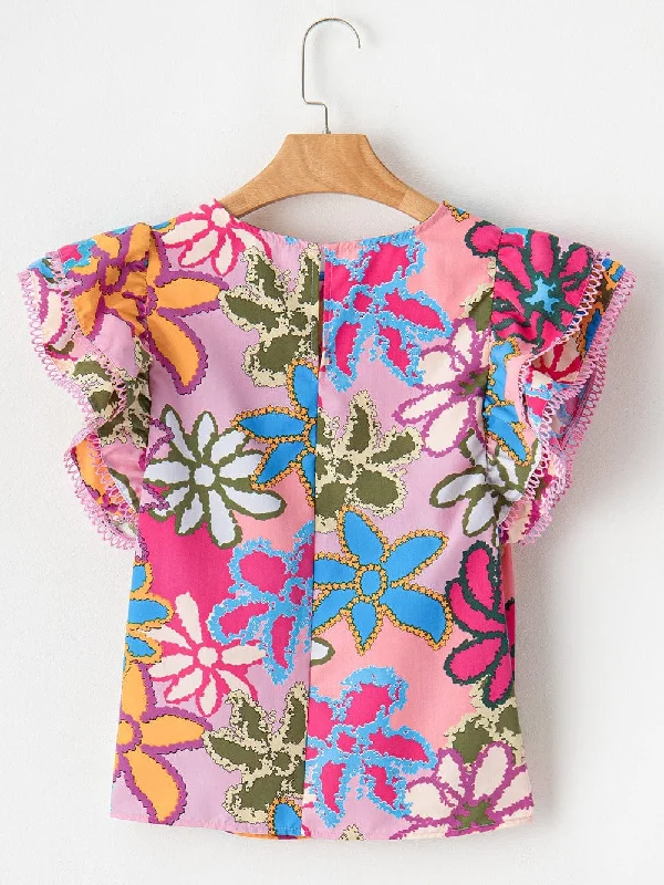 Colorful Floral Print Pullover Tight Sleeve Top