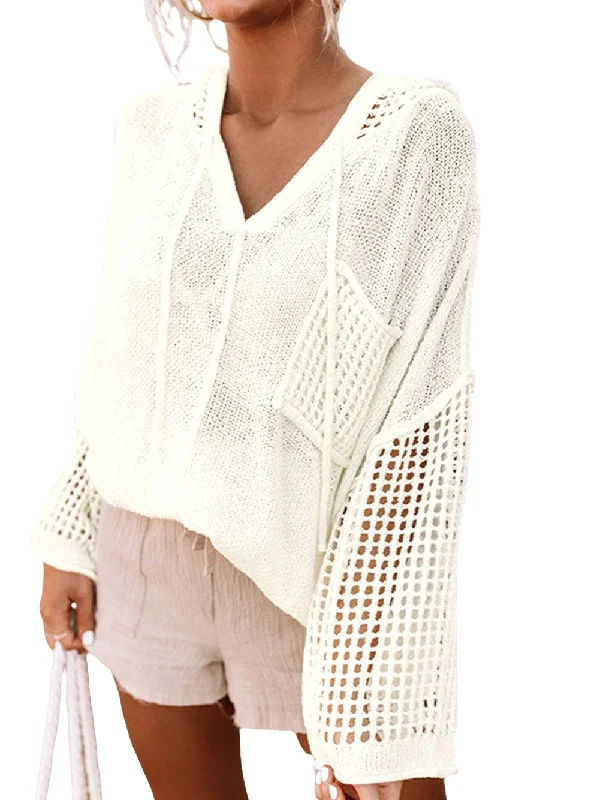 Off-White Crochet Pullover Shawl Collar Sweater