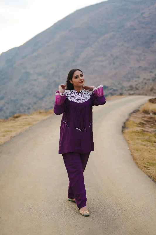 Purple Embroidered Tunic & Trouser Co-Ord Set Trousers Denim Distressed