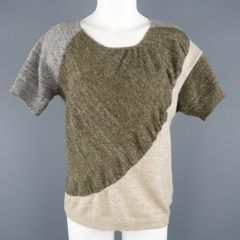 DRIES VAN NOTEN Size S Olive Silver & Beige Wool Blend Short Sleeve Pullover Cashmere Luxurious Pullover