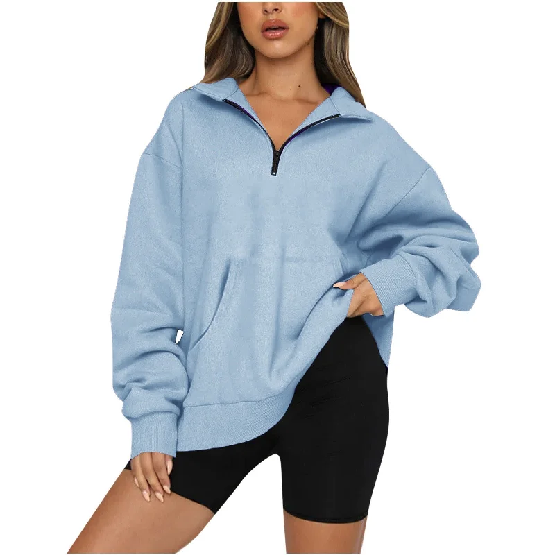 Women's New Pocket Top Half Zipper Pullover Long Sleeve Sweatshirt Sweater Peter Pan Collar