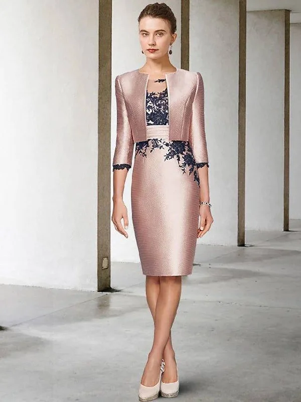 Two Piece Sheath / Column Mother of the Bride Dress Elegant Wrap Included Jewel Neck Knee Length Lace Satin 3/4 Length Sleeve with Appliques Color Block