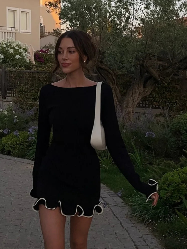 Bonnyshow  Elegant Knit Black Mini Dress Women Autumn Long Sleeve Ruffled 2024 Fashion Party Dress Commute Female Short Sweater Dresses Lightweight Heavyweight Midweight