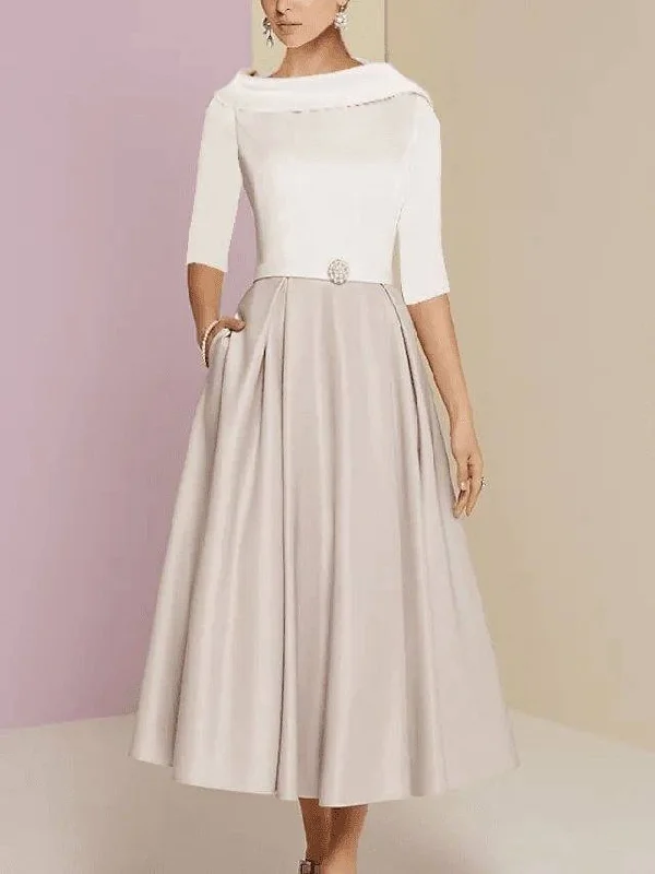 A-Line Mother of the Bride Dress Elegant Jewel Neck Tea Length Charmeuse Half Sleeve with Pleats