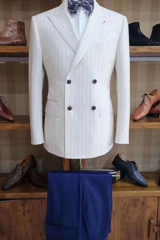 Colby White Striped Peaked Lapel Double Breasted Prom Outfit With Blue Trousers Trousers Tapered Slim Fit