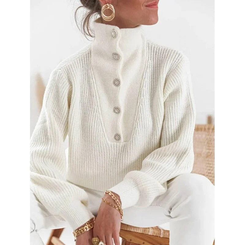 Casual Long Sleeve Button Tops Ladies Warm Pullover Tops Honey Neck Pullover