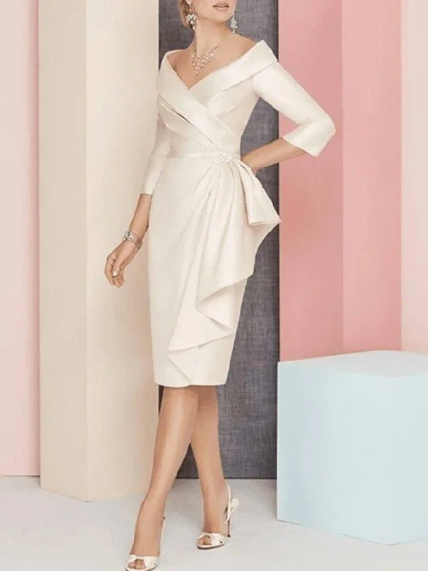 Mother of the Bride Dress Plus Size Elegant Vintage V Neck Knee Length Satin 3/4 Length Sleeve with Sash / Ribbon Ruching