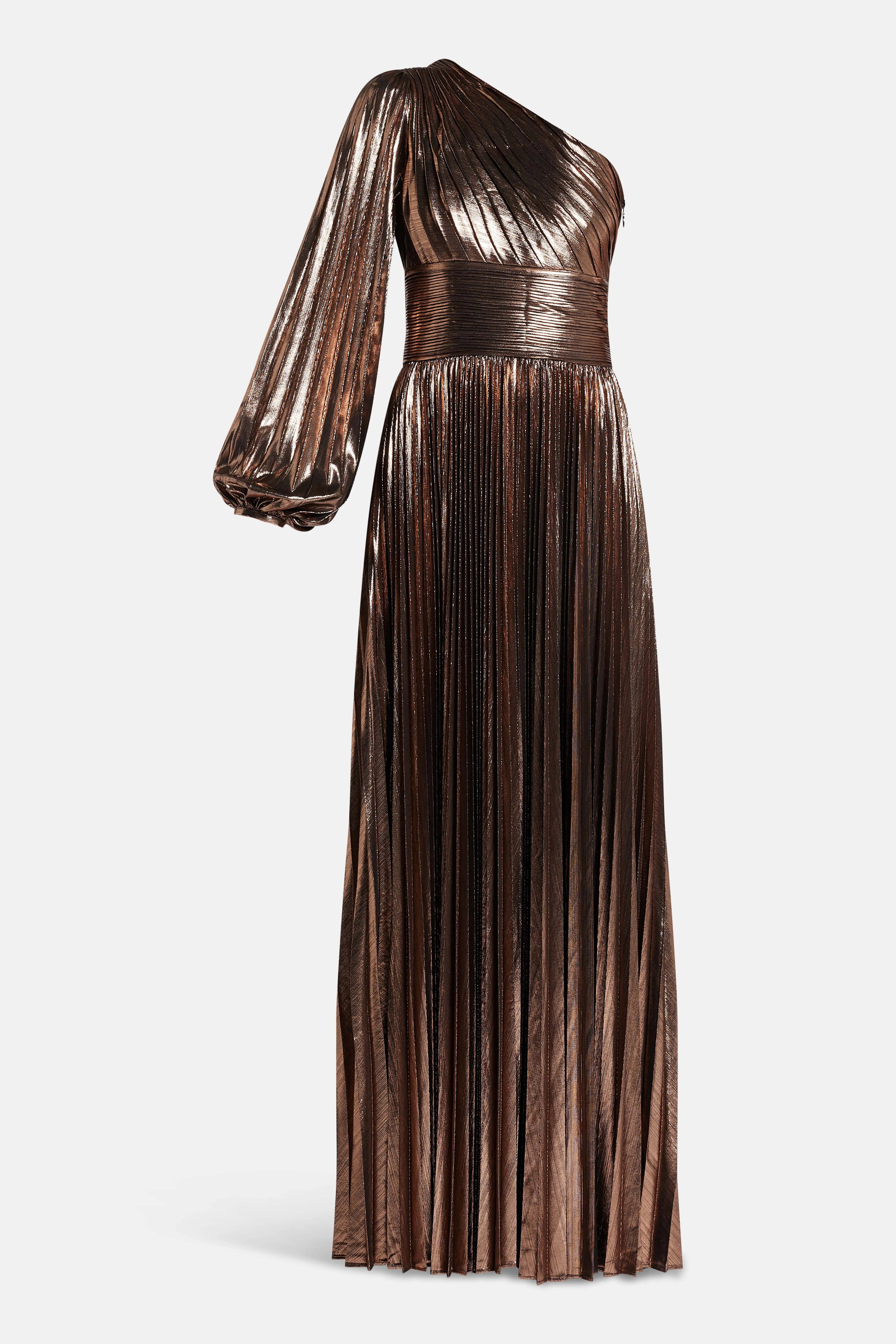Lysandra Shimmer One Shoulder Evening Dress in Bronze and Gold