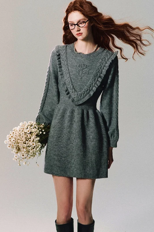 Ruffled Yoke Knit Sweater Dress Welt Pockets Slit Pockets Flap Pockets