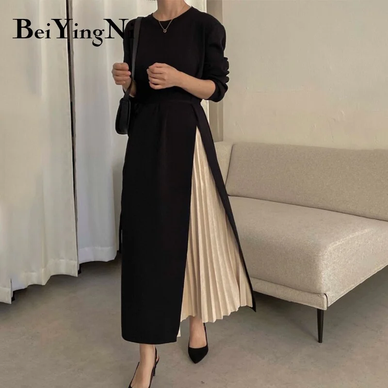 Yipinpay Stylish French Midi Dress for Women Patchwork Belted Casual Long Sleeve Knitted Women's Pleated Dress Sweater Dresses Transparent Opaque Sheer