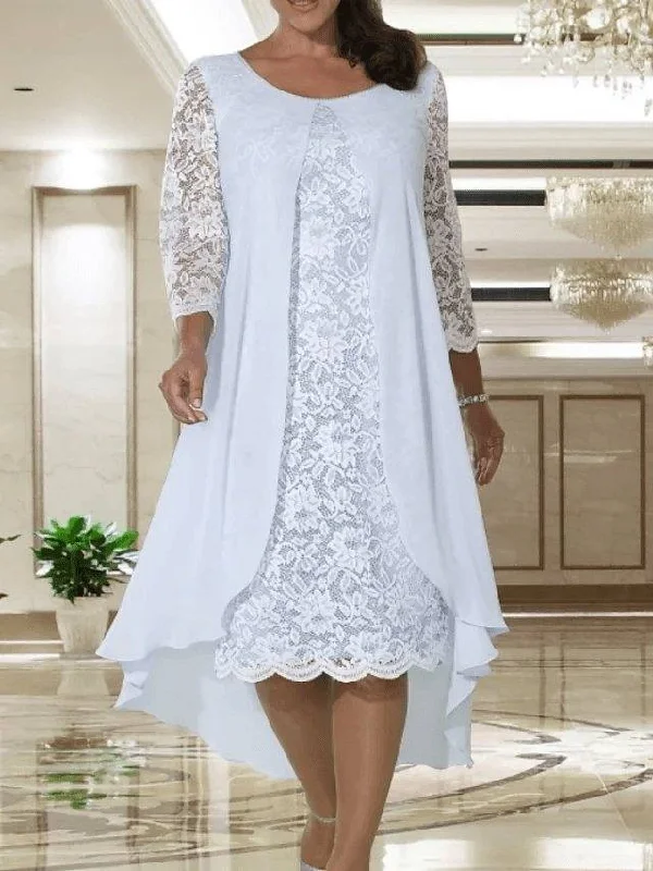 A-Line Mother of the Bride Dress Plus Size Elegant Jewel Neck Knee Length Chiffon Lace Long Sleeve with Lace