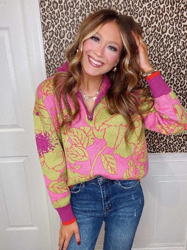 Pink/Green Floral Pullover Tapered Sleeve Pullover