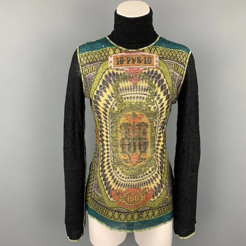 JEAN PAUL GAULTIER x BERGDORF GOODMAN Size L Black & Multi-Color Print Wool Pullover Slim Sleeve Pullover