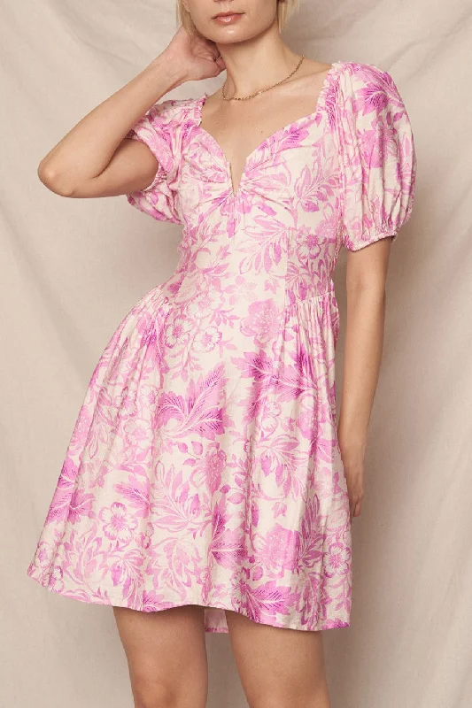 Pink & White Floral Puff Sleeve Dress