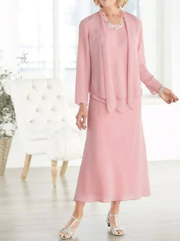 A-Line Mother of the Bride Dress Plus Size Elegant Jewel Neck Ankle Length Chiffon Long Sleeve with Pleats