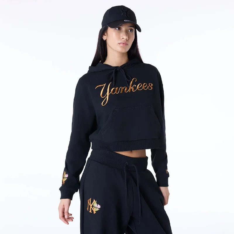 New York Yankees Womens MLB Graphic Black Pullover Hoodie Lantern Sleeve Elegant