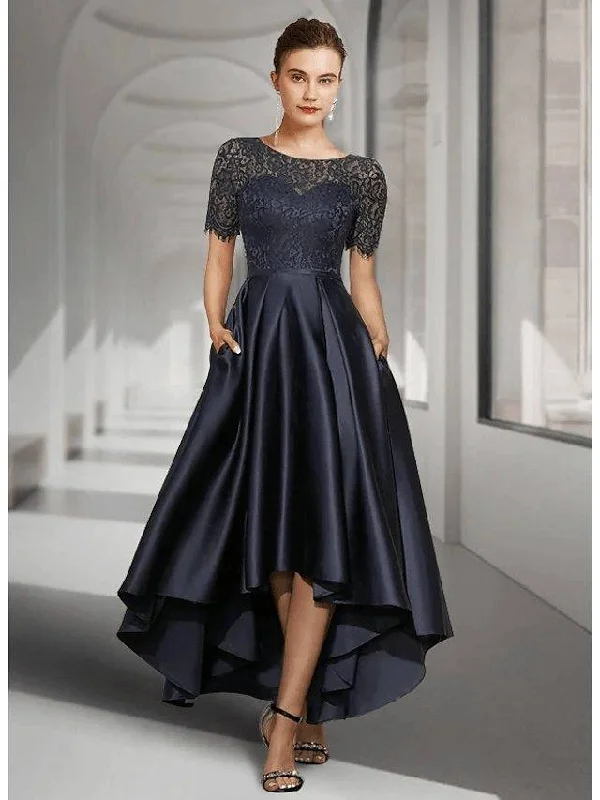 A-Line Mother of the Bride Dress Elegant Jewel Neck Asymmetrical Lace Satin Short Sleeve with Pleats 2021 / Illusion Sleeve