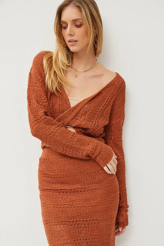 CROCHET KNIT LONG SLEEVE SWEATER SKIRT SET Real Fur Shearling Chenille
