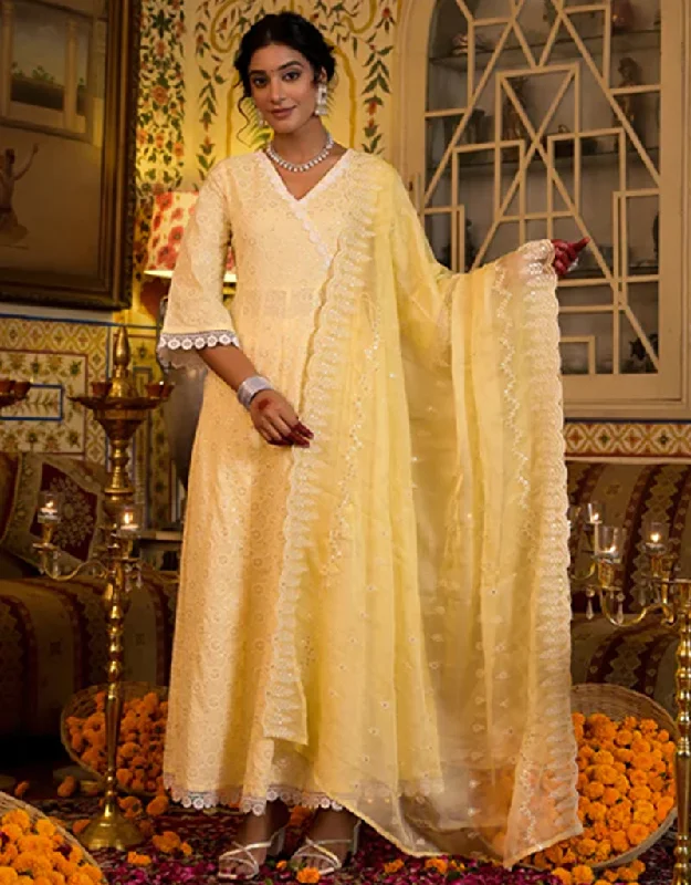 Angrakha Anarkali Kurta Trouser With Dupatta Set Yellow Pure Cotton Pant Anarkali Trousers Denim Blue