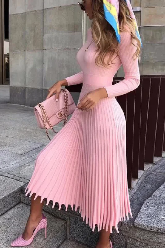 Women's Pink Mid Length Sweater Knit Solid Color Pleated Dress Faux Fur Fabric Real Fur Fabric Shearling Fabric