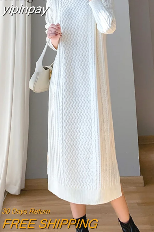 yipinpay White Oversized Sweater Midi Dresses for Women Plain Retro Twisted Thicken Stylish Knitted Dress Women Split Warm Robe Glossy Satin Silk