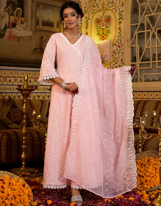 Angrakha Anarkali Kurta Trouser With Dupatta Set Baby Pink Pure Cotton Pant Anarkali Trousers Floral Bohemian