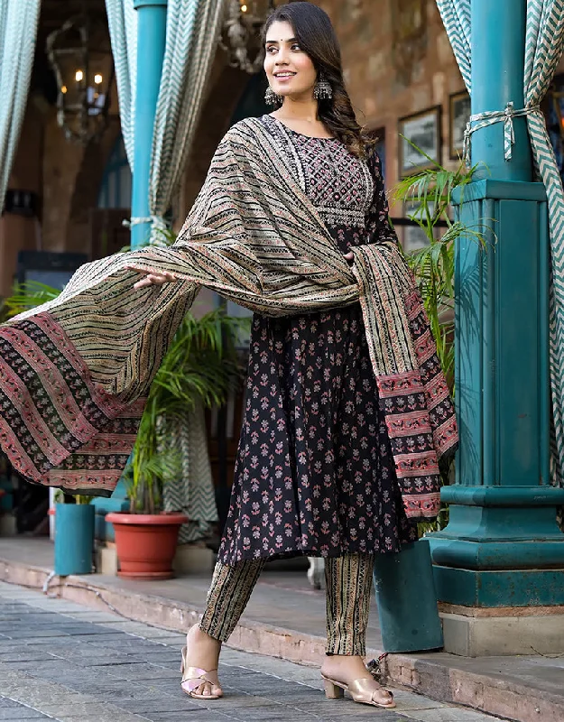 Anarkali Floral Thread Work Kurta Trouser With Dupatta Set Black Pure Cotton Pant Anarkali Trousers Silk Elegant
