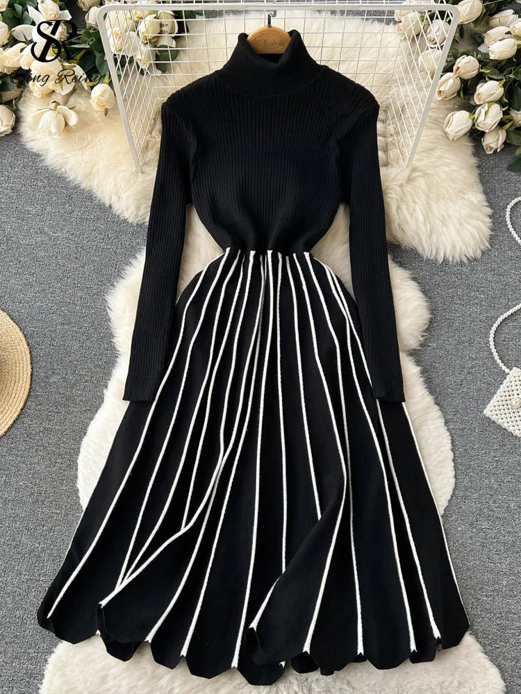 Yipinpay Turtleneck Striped Pleated Knitted Dress Long Sleeve Thick Elastic Warm Dress Women Winter Vinage Chic Sweater Dress Hooded Sweater Collared Sweater Shawl Collar
