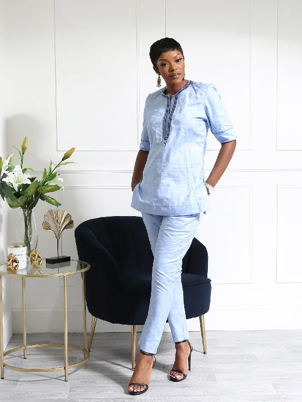Sky Blue Women's Two-Piece African Outfit – Elegant Embroidered Tunic and Trouser Set Trousers practical durable